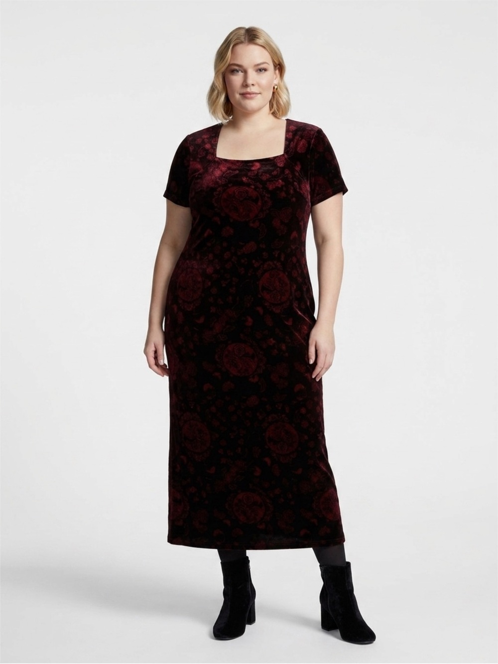 Sheri Martin Velvet Maxi Dress in Deep Burgundy Floral